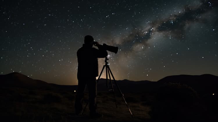Man looking at the stars through a telescope